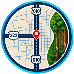 Emblema da DOM DOM: mapa com duas rodovias, marcador de localização, seringal e rio