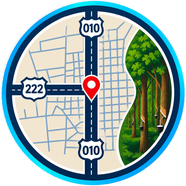 Emblema da DOM DOM: mapa de uma cidade com duas rodovias, 010 na vertical e 222 na horizontal, marcador vermelho de localização no cruzamento, e um seringal com um rio ao lado