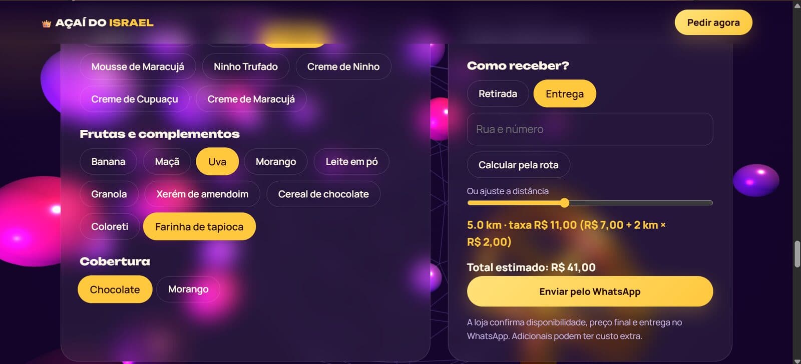 Entrega: a taxa é calculada pela distância e o total estimado aparece antes de enviar pelo WhatsApp.