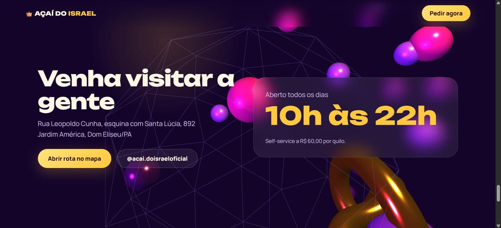 Endereço, horário e rota: aberto todos os dias, das 10h às 22h, com botão para abrir o mapa e o Instagram da loja.