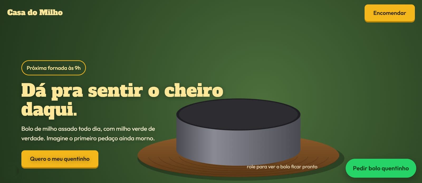 A página abre com a promessa: “Dá pra sentir o cheiro daqui”. O desejo vem antes do cardápio.