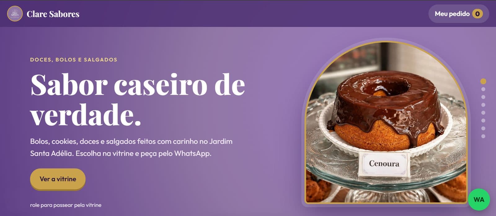A página abre na identidade da loja: lilás, dourado e o slogan “Sabor caseiro de verdade”.