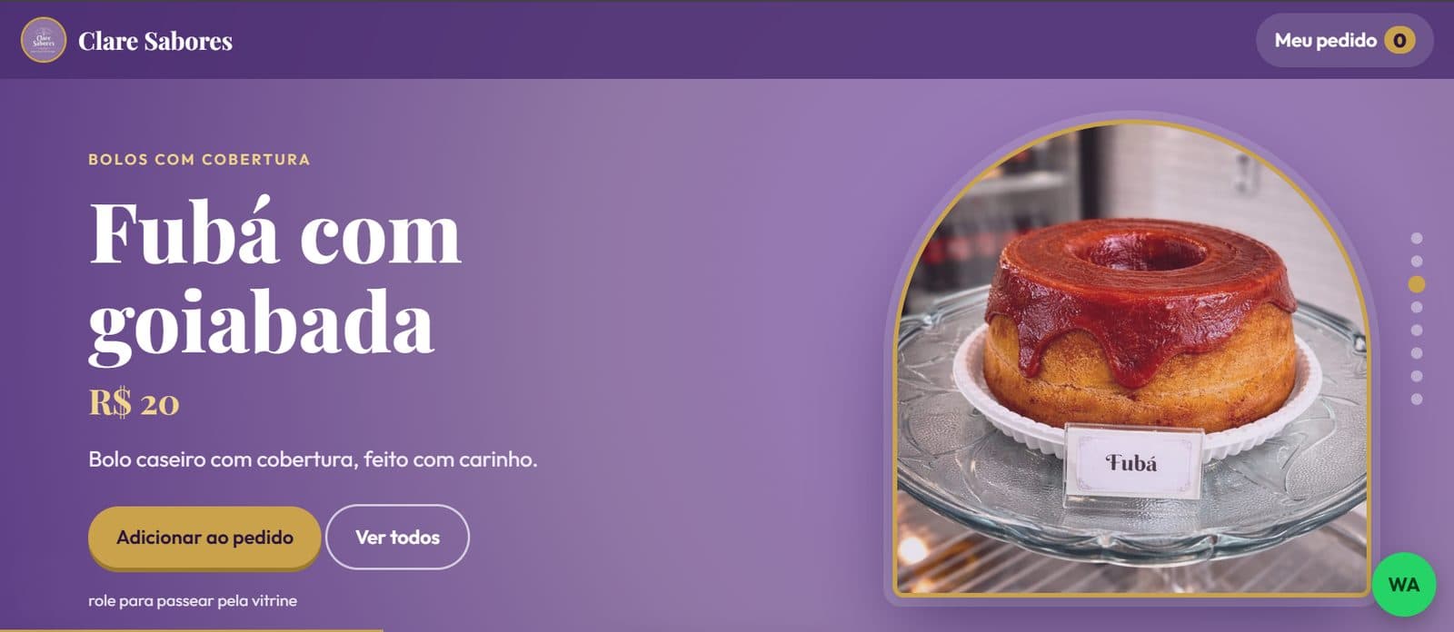 Cada produto ganha a sua tela, com foto, preço e o botão “Adicionar ao pedido”.
