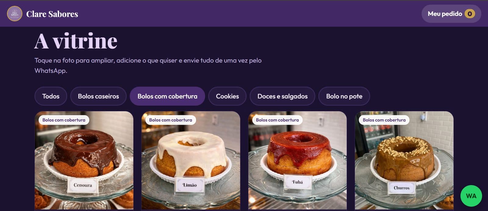 A vitrine por categoria: bolos caseiros, com cobertura, cookies, doces e salgados e bolo no pote.