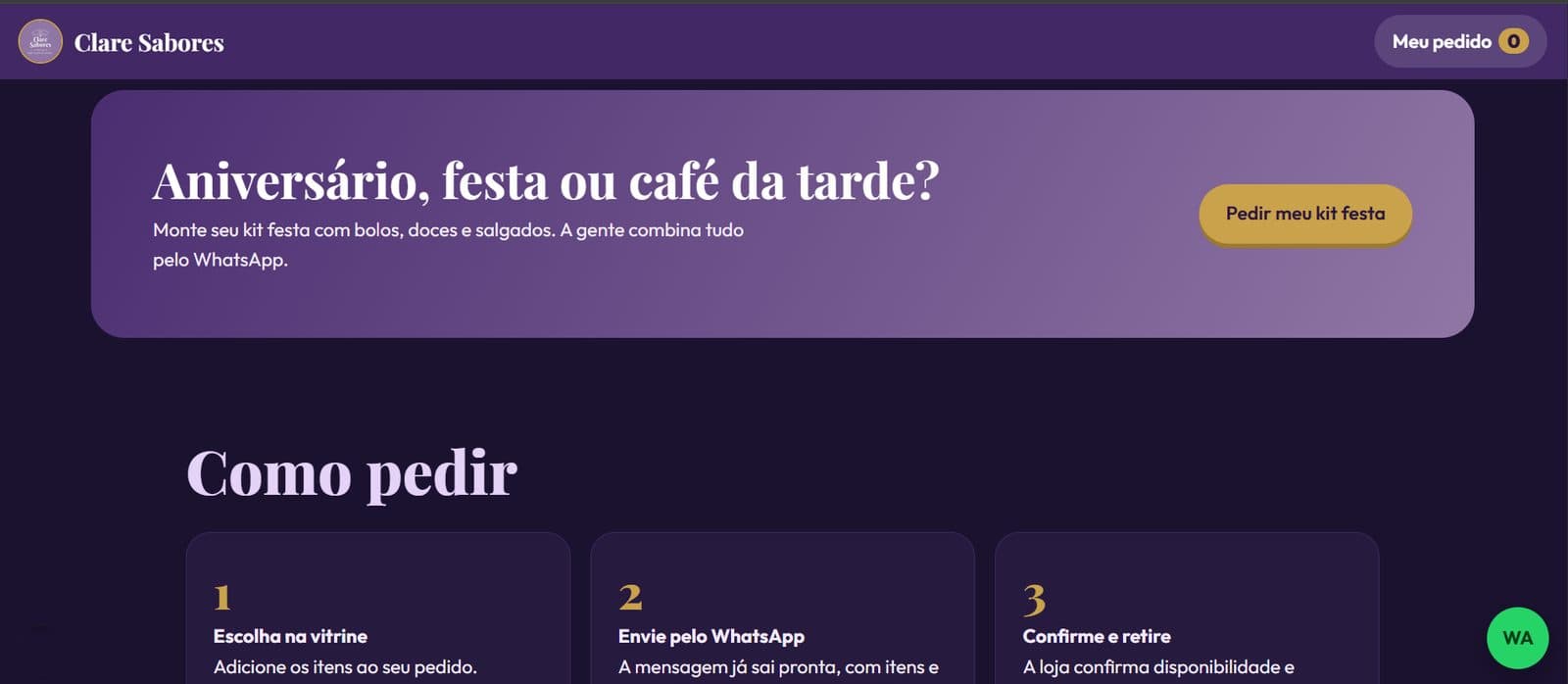 Kit festa e “Como pedir” em 3 passos: escolher, enviar pelo WhatsApp e retirar.