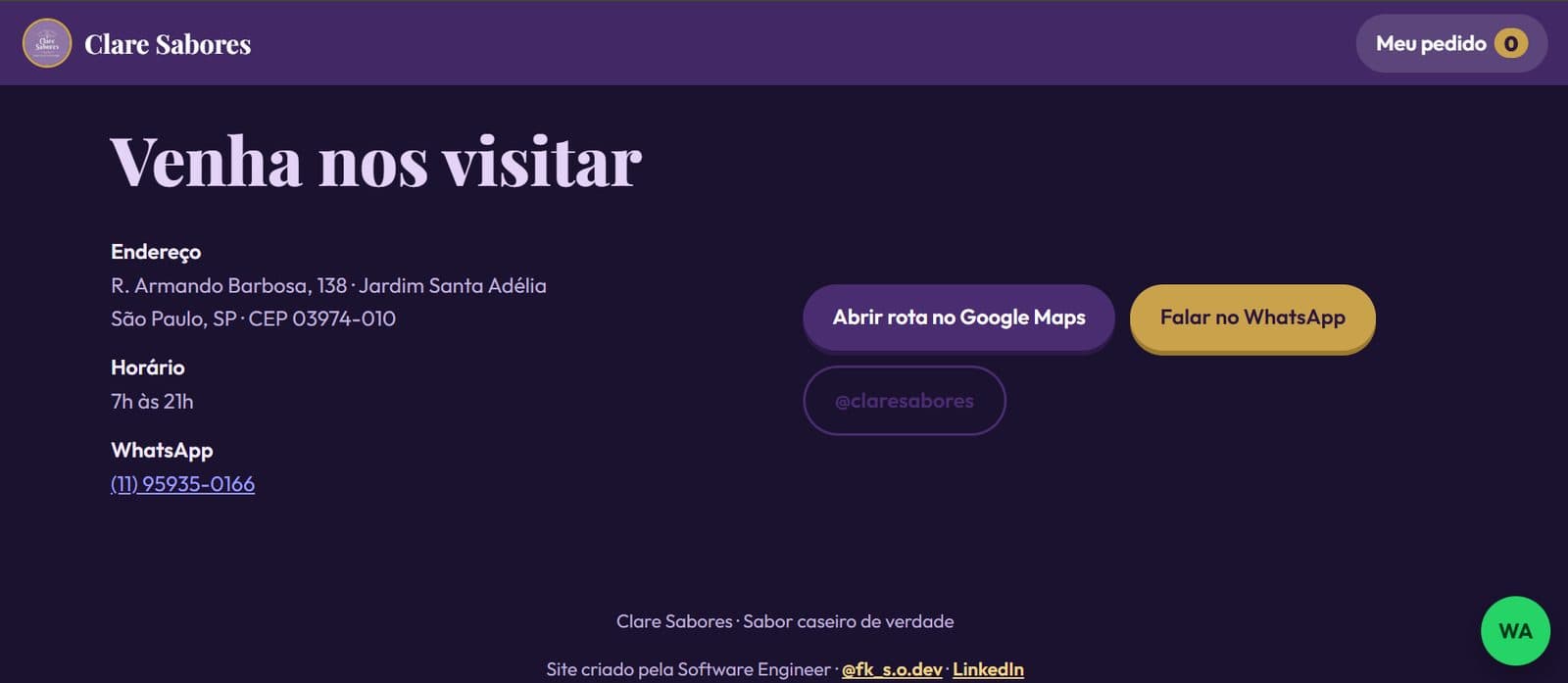 Endereço, horário, rota no Google Maps e WhatsApp em um só lugar.