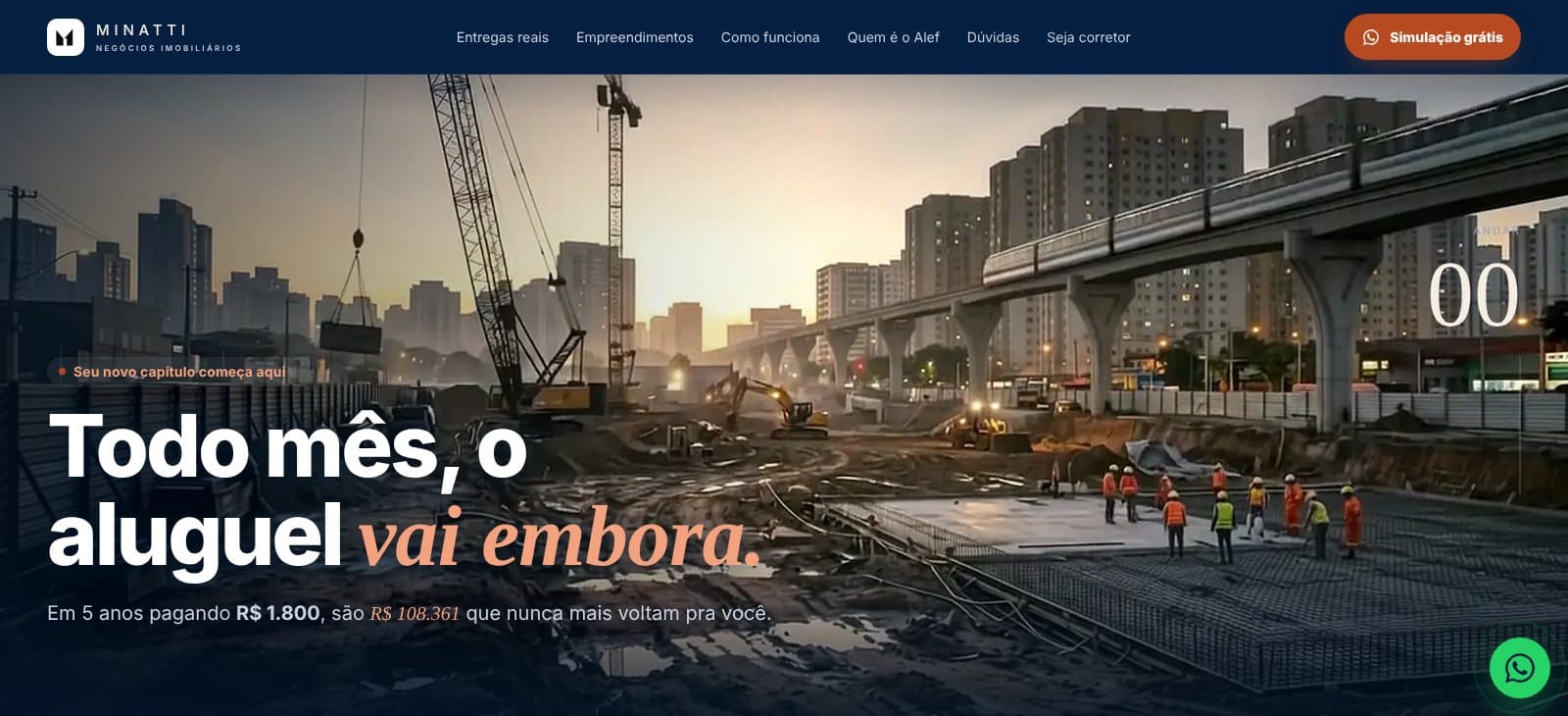 Primeira tela: “Todo mês, o aluguel vai embora.” A abertura é um vídeo 3D que avança com o scroll, com a conta de 5 anos de aluguel e o contador de andares em 00.