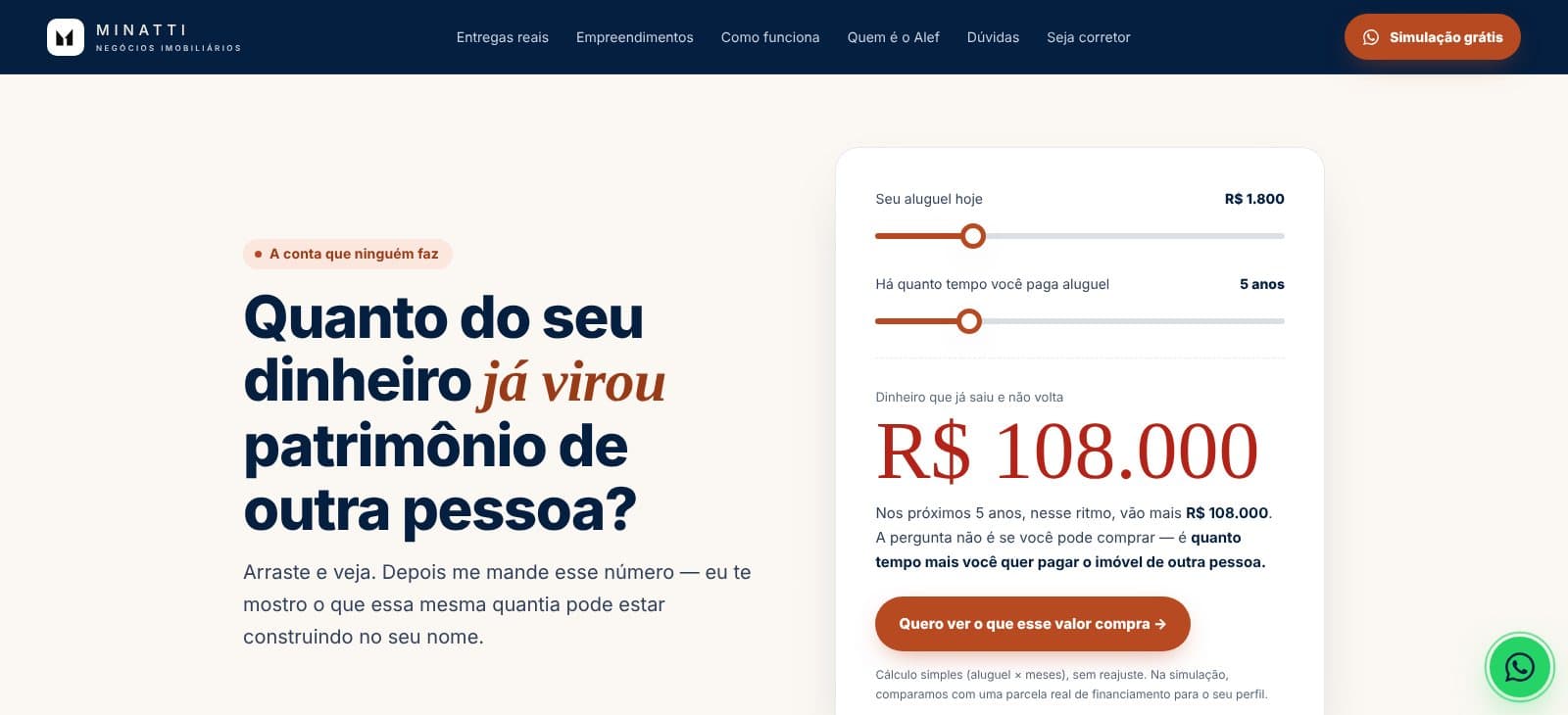 “A conta que ninguém faz”: o visitante arrasta o aluguel e o tempo, vê quanto dinheiro já saiu e leva o número ao WhatsApp.
