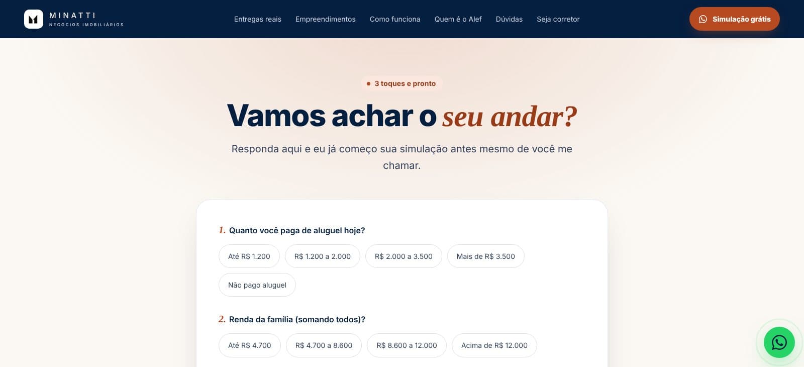 “Vamos achar o seu andar?”: perguntas sobre aluguel, renda e região viram uma mensagem pronta no WhatsApp do corretor.
